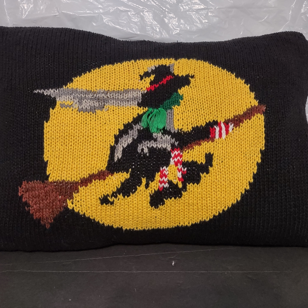 Vintage Halloween Black Knit Sweater Throw Pillow with Witch and Spider Design
